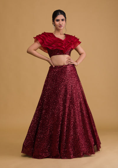 Maroon Sequins Net Designer Lehenga-Koskii