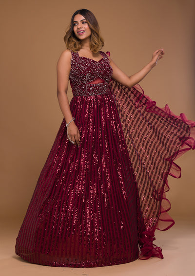 Maroon Sequins Net Designer Gown-Koskii