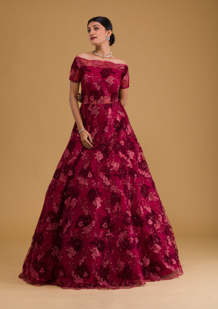 Maroon Sequins Net Designer Gown-Koskii