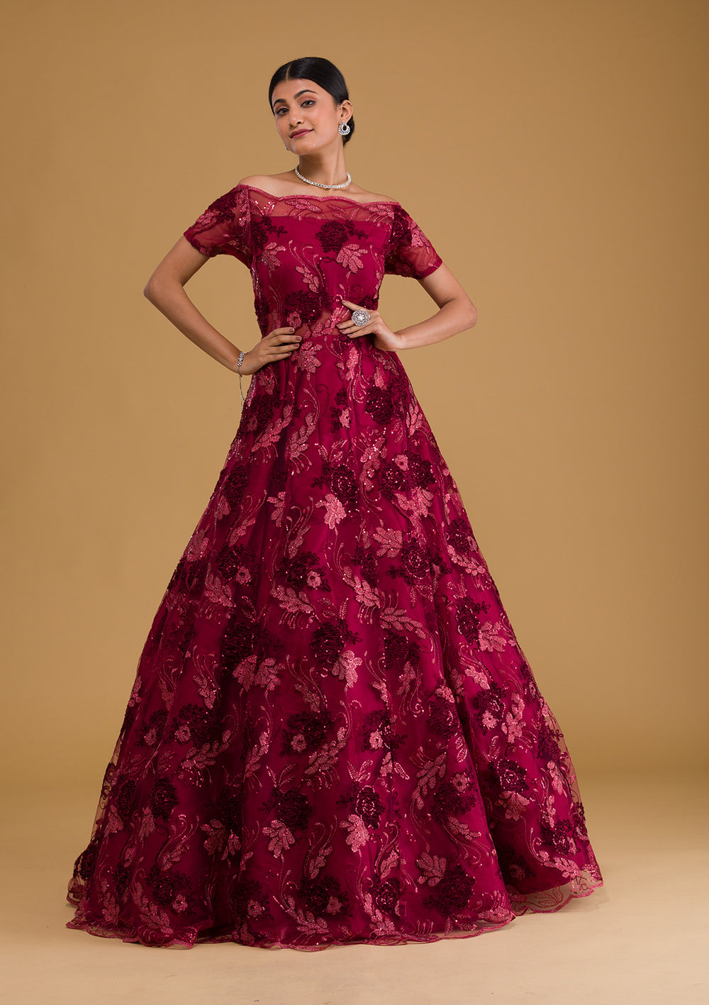 Maroon Sequins Net Designer Gown-Koskii