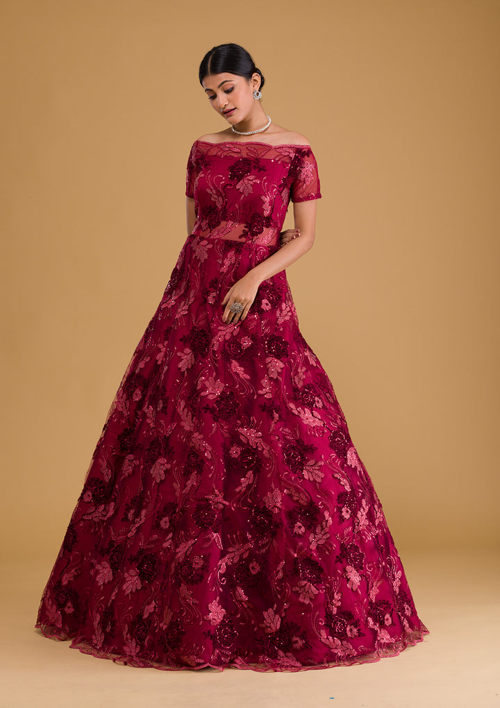Maroon Sequins Net Designer Gown-Koskii