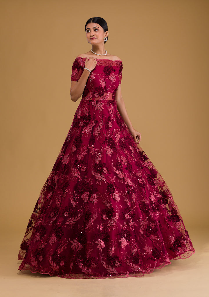 Maroon Sequins Net Designer Gown-Koskii