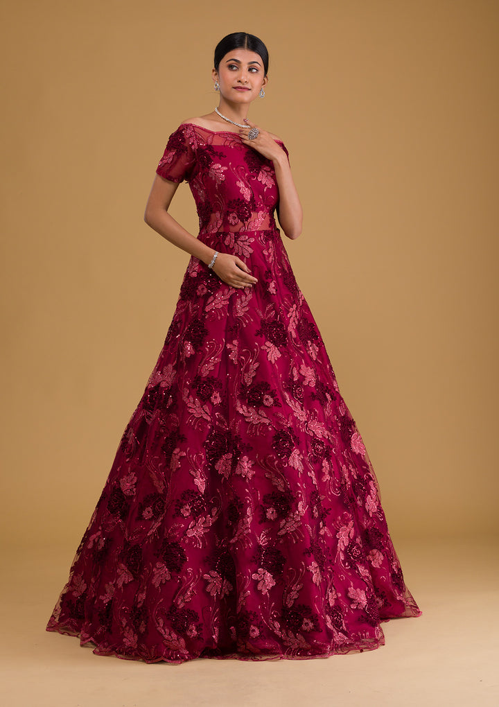 Maroon Sequins Net Designer Gown-Koskii