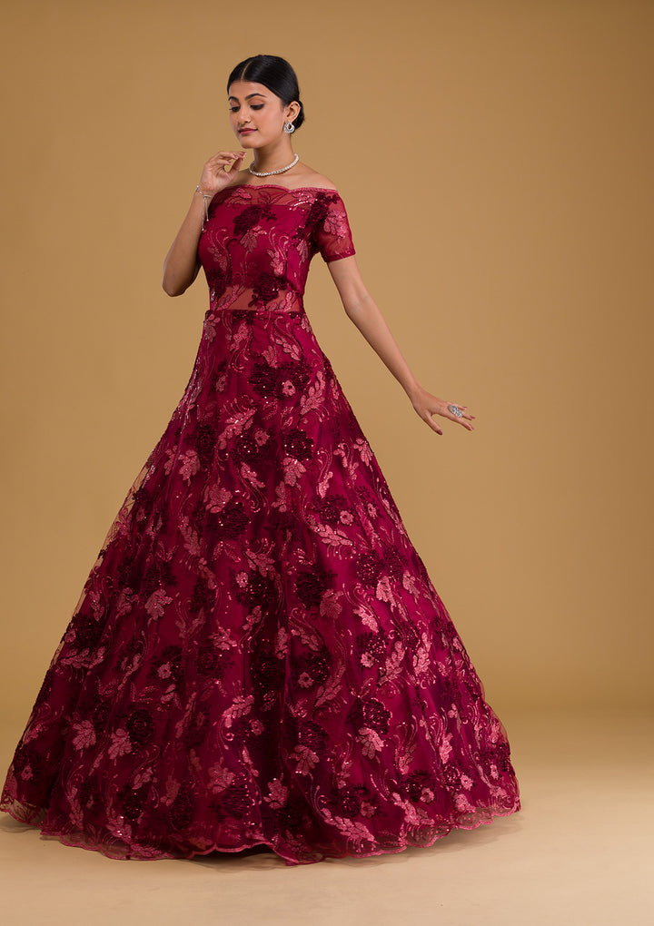 Maroon Sequins Net Designer Gown-Koskii