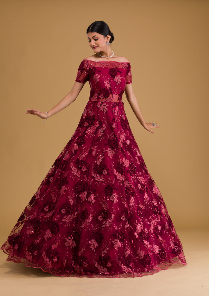 Maroon Sequins Net Designer Gown-Koskii
