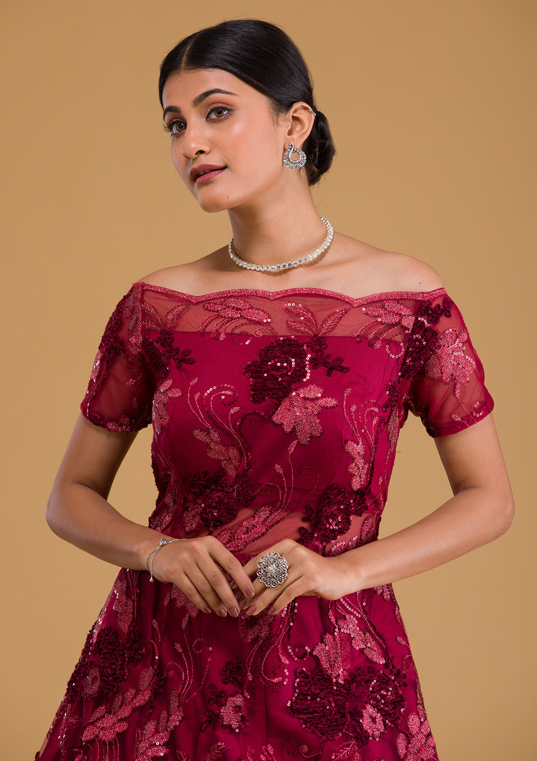 Maroon Sequins Net Designer Gown-Koskii