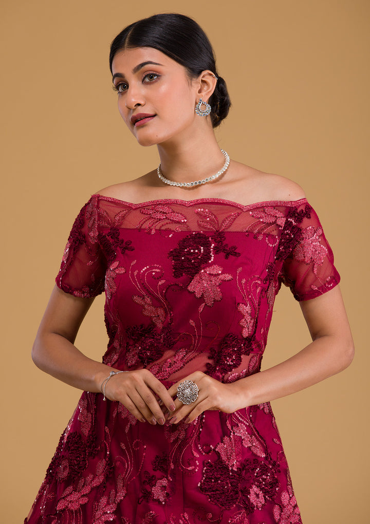 Maroon Sequins Net Designer Gown-Koskii