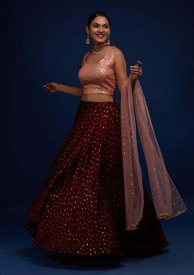 Maroon Sequins Semi Crepe Designer Lehenga - Koskii