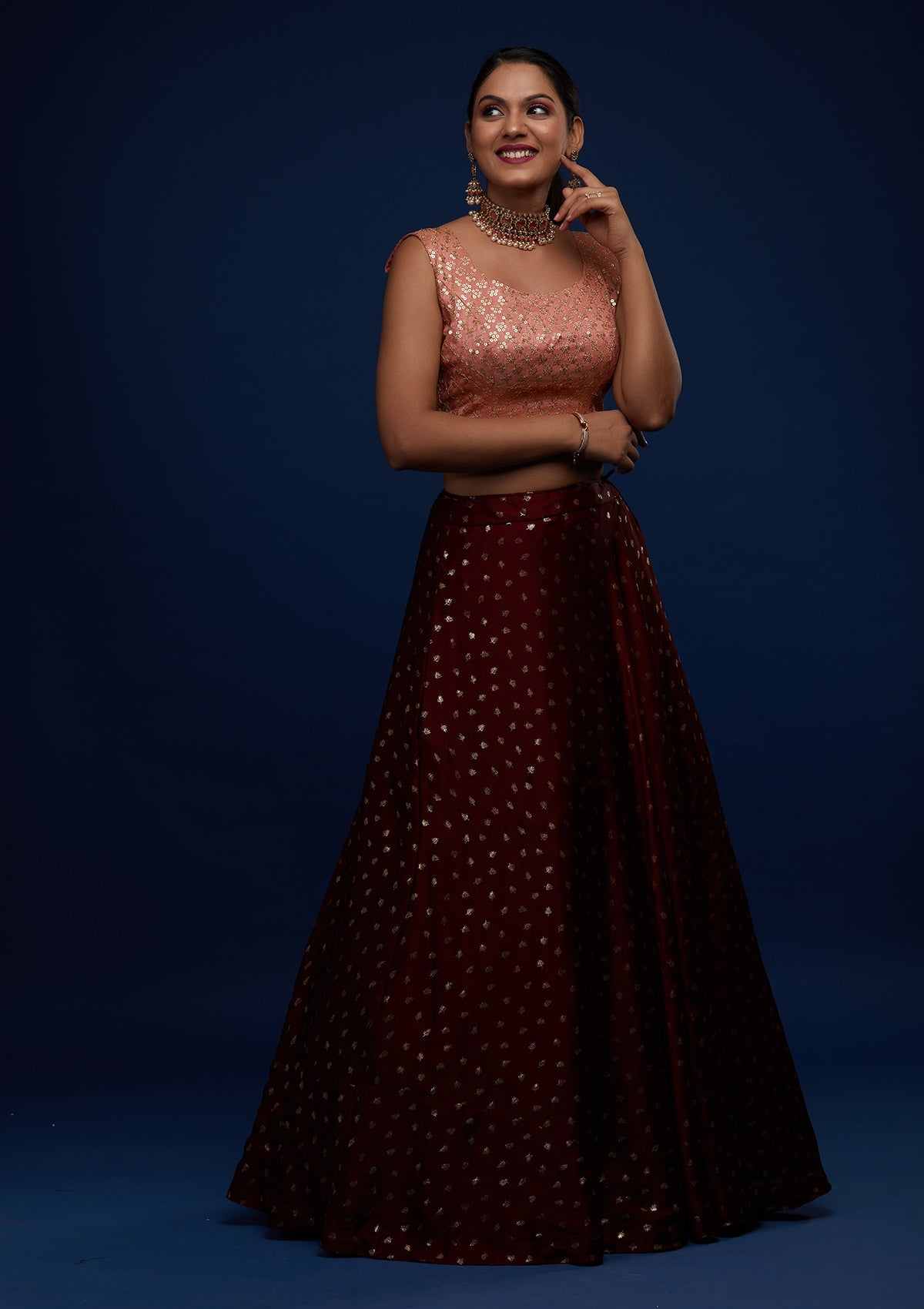 Maroon Sequins Semi Crepe Designer Lehenga - Koskii