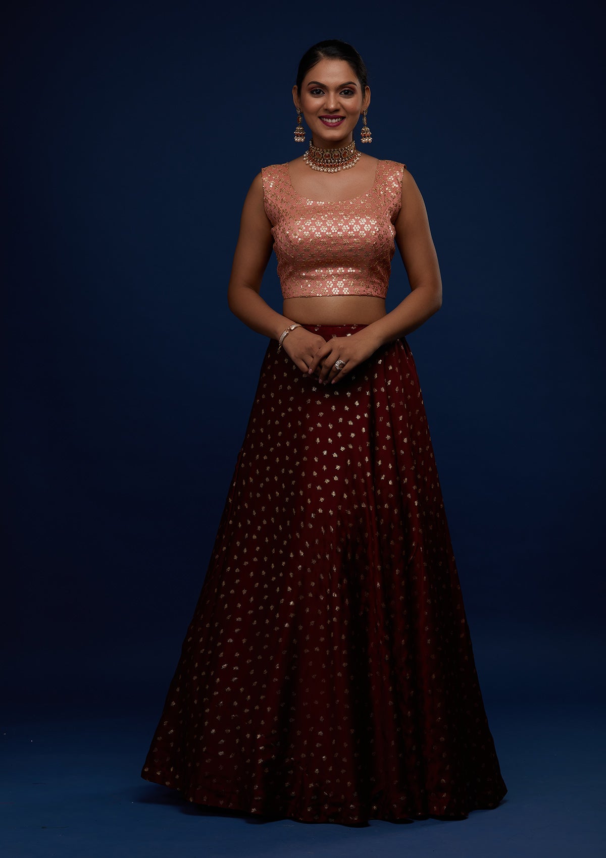 Maroon Sequins Semi Crepe Designer Lehenga - Koskii