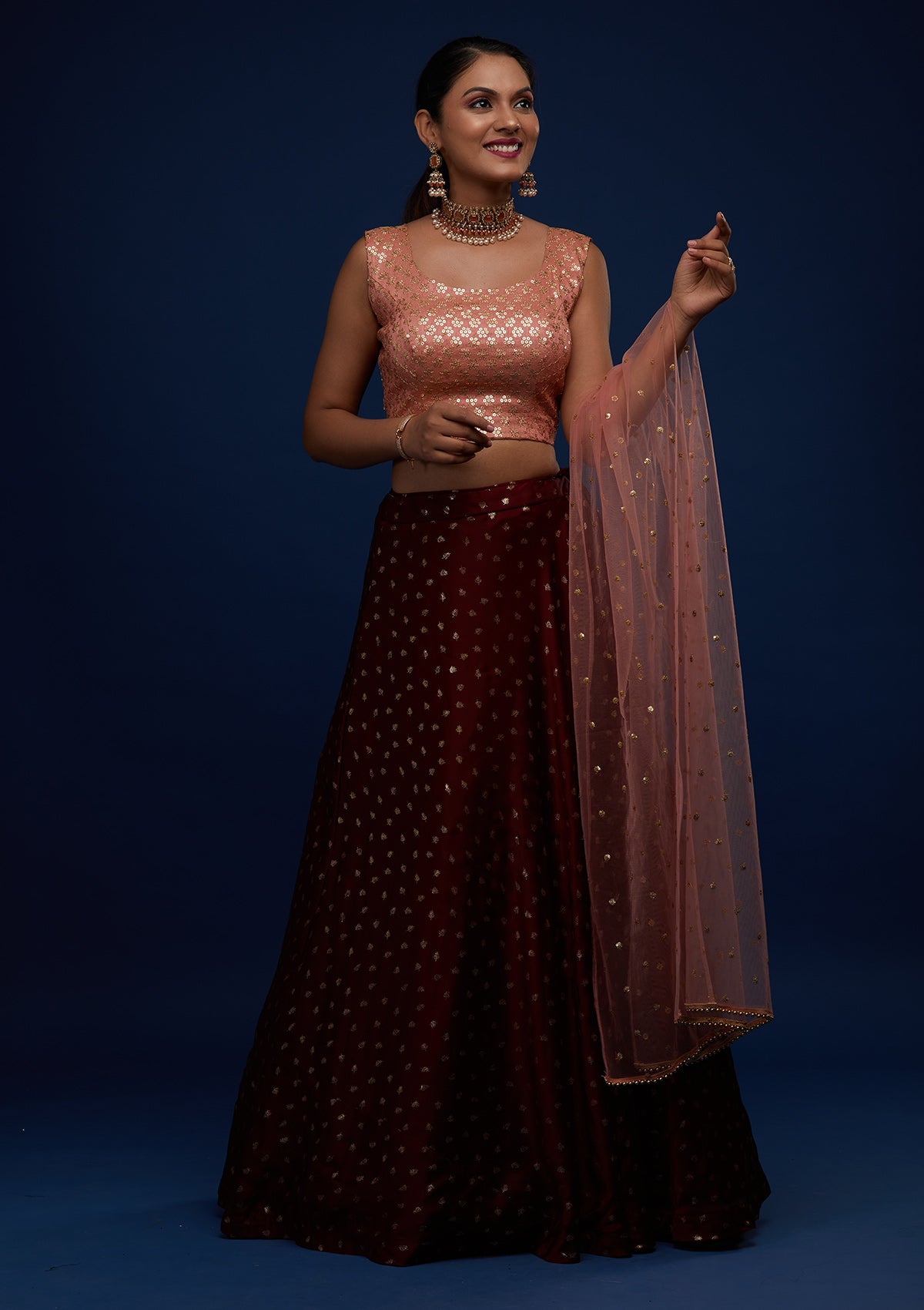 Maroon Sequins Semi Crepe Designer Lehenga - Koskii