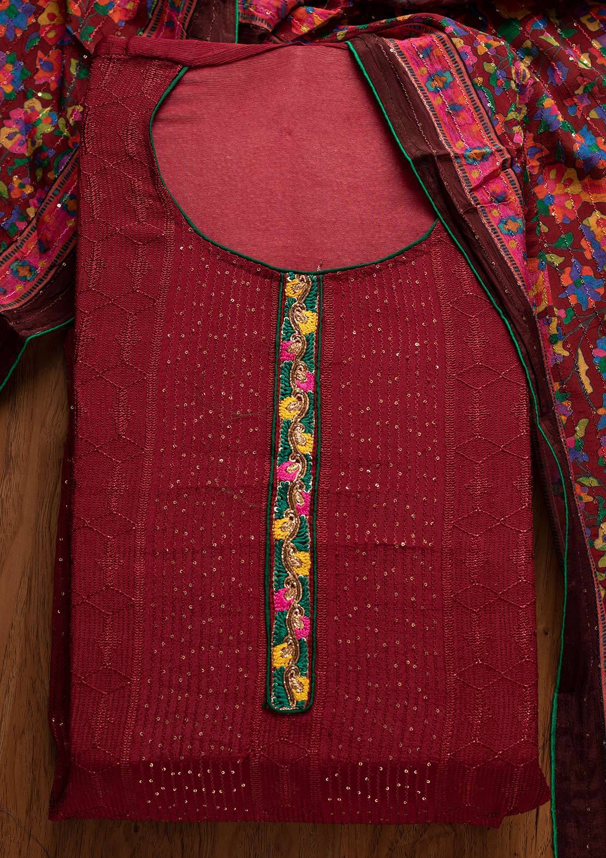 Maroon Sequins Semi Crepe Designer Semi-Stitched Salwar Suit - koskii