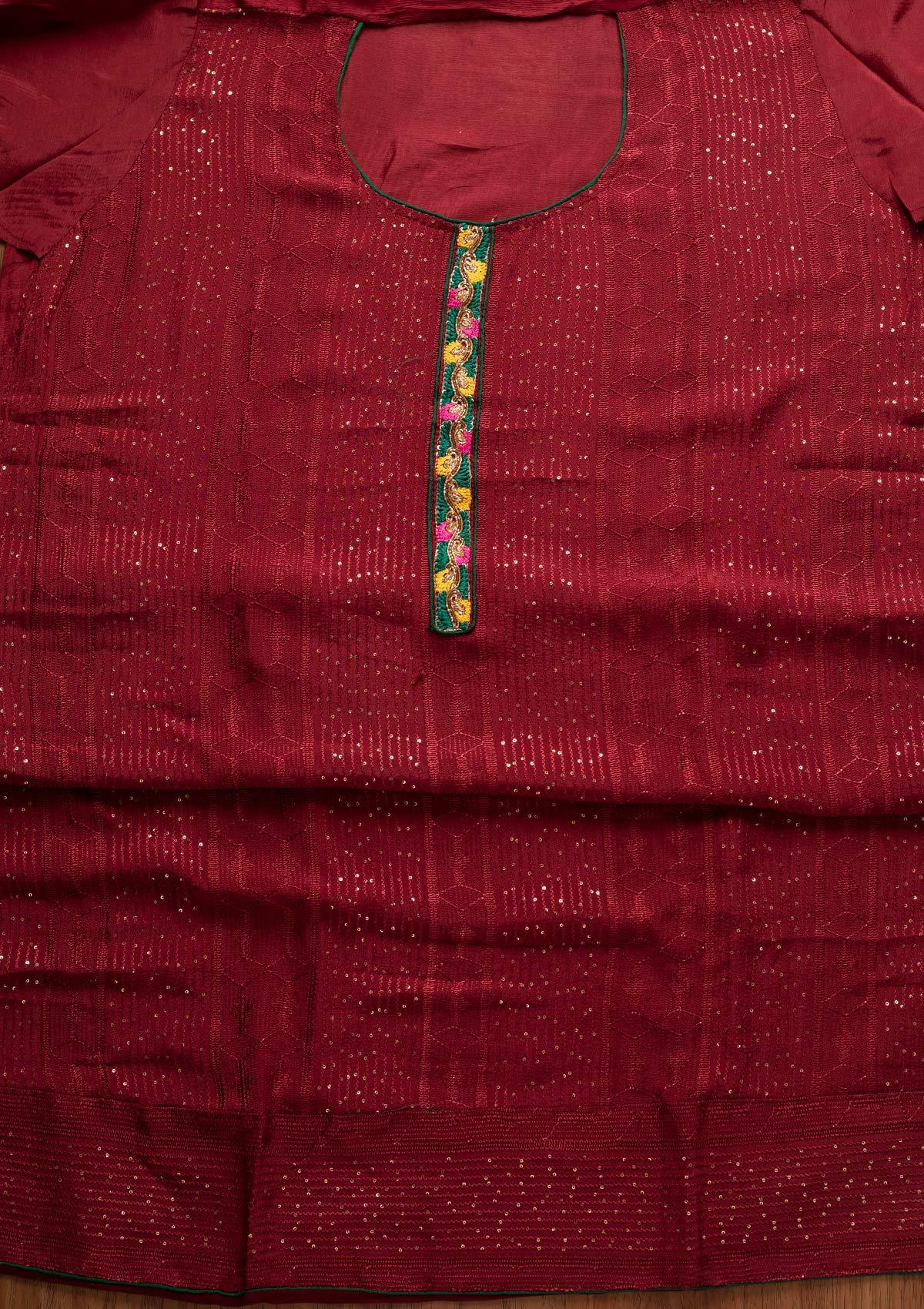 Maroon Sequins Semi Crepe Designer Semi-Stitched Salwar Suit - koskii