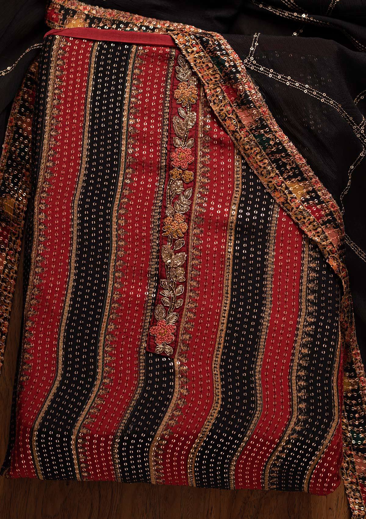 Maroon Sequins Semi Crepe Designer Unstitched Salwar Suit - koskii
