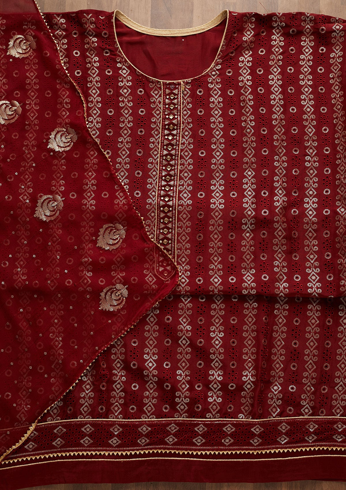 Maroon Sequins Semi Crepe Unstitched Salwar Suit-Koskii