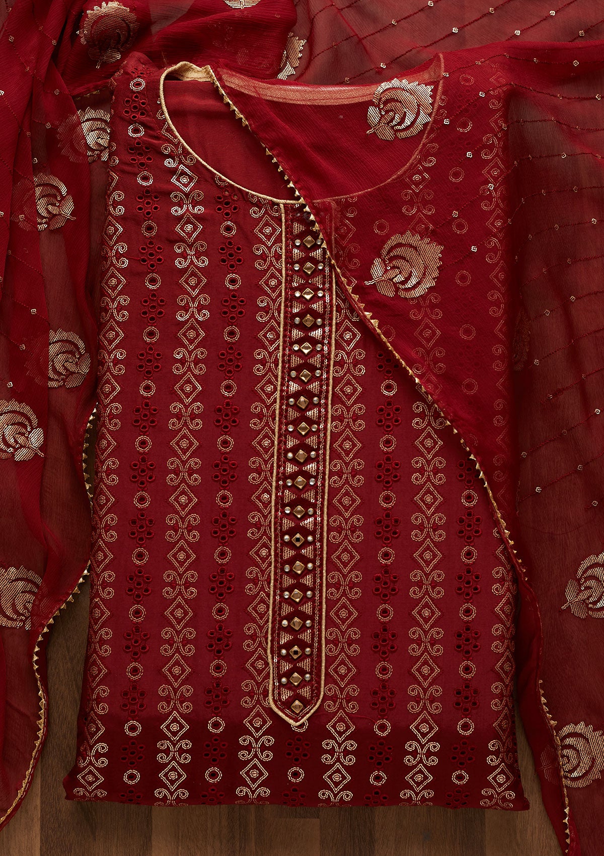 Maroon Sequins Semi Crepe Unstitched Salwar Suit-Koskii