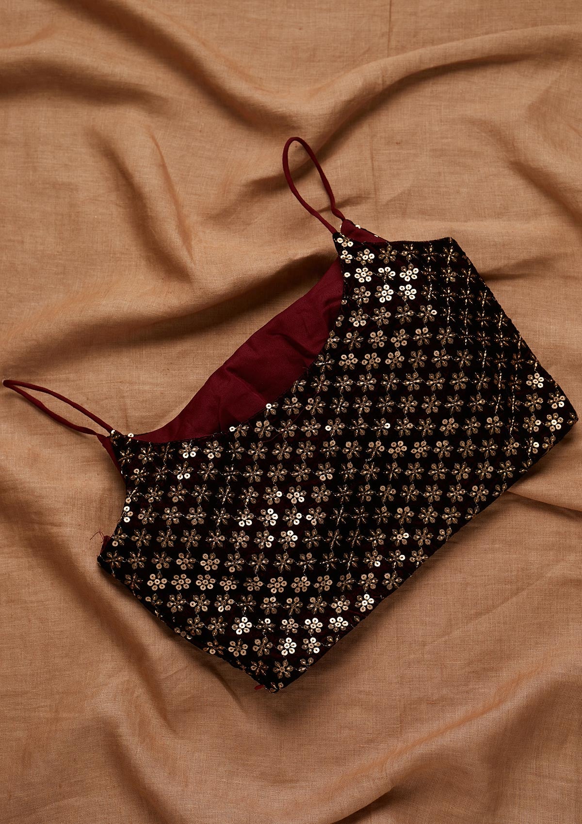 Maroon Sequins Velvet Blouse - Koskii