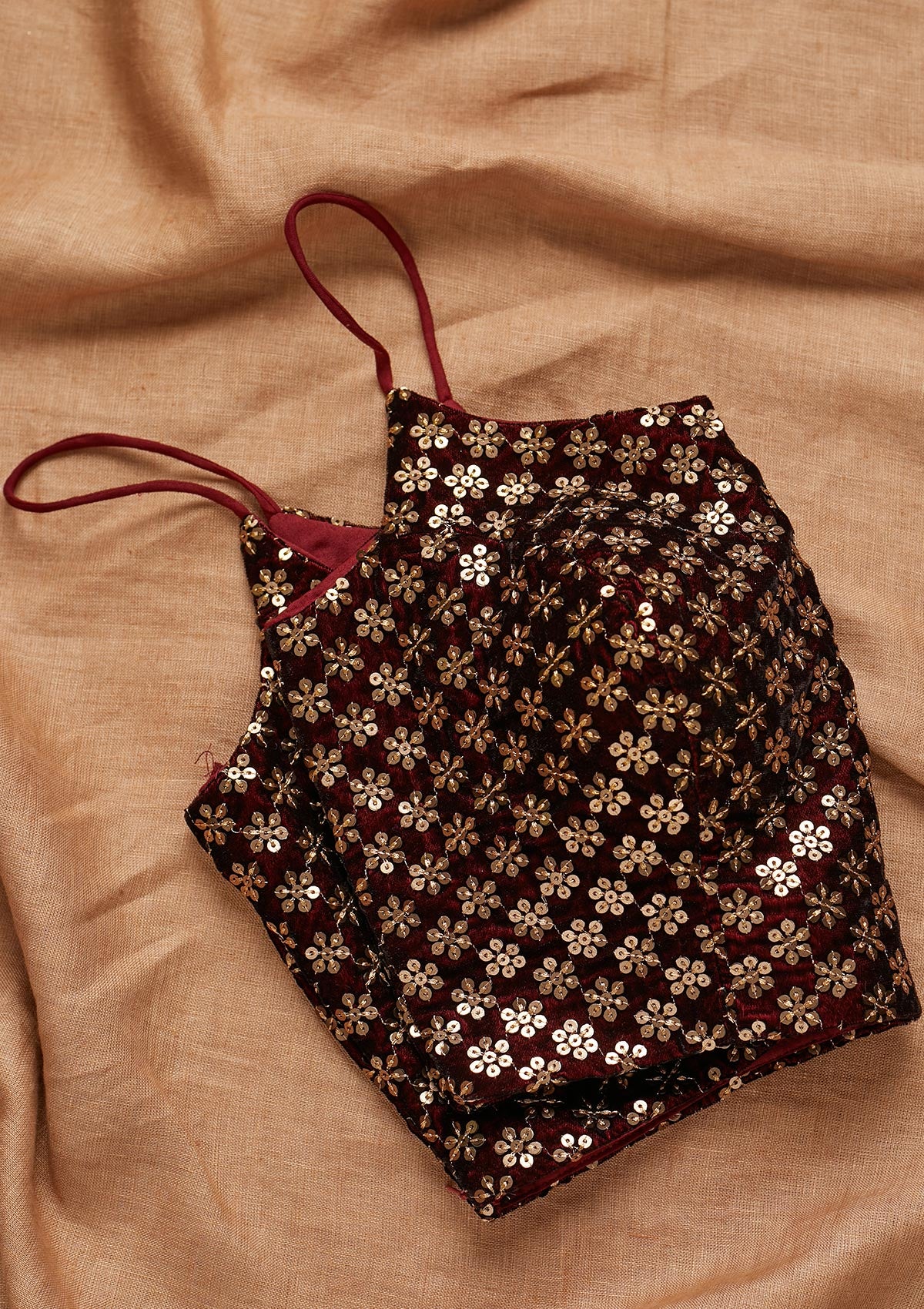 Maroon Sequins Velvet Blouse - Koskii