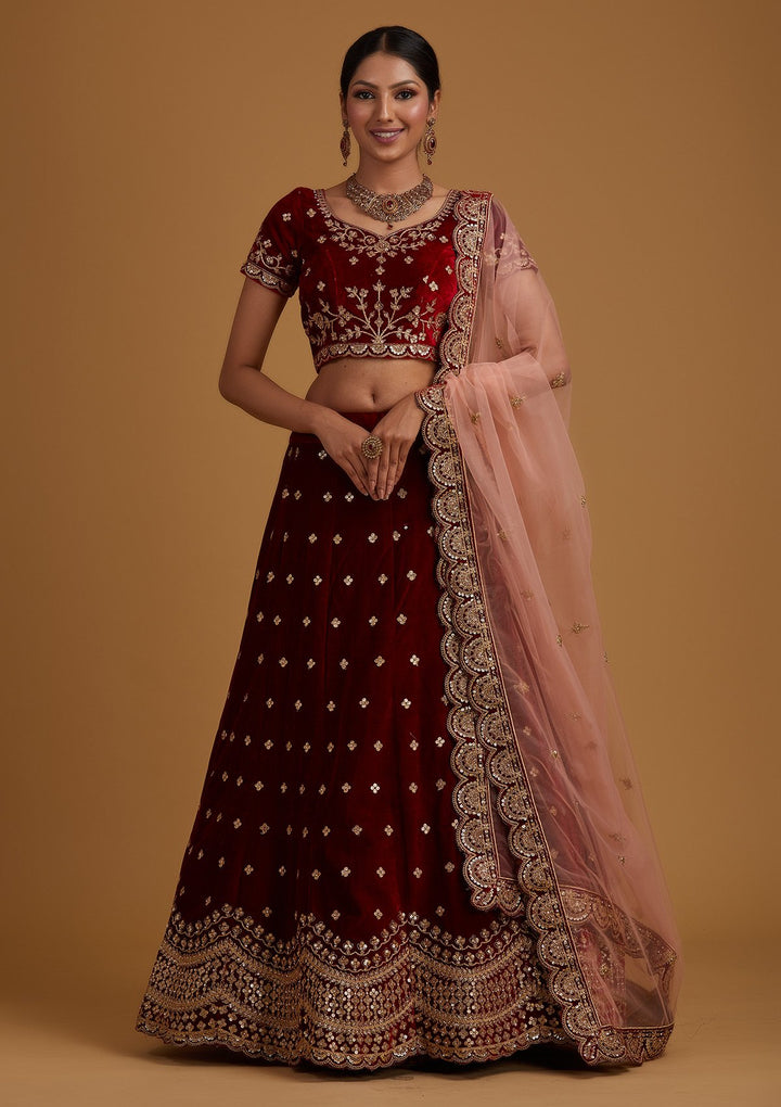 Maroon Sequins Velvet Designer Semi-Stitched Lehenga - koskii