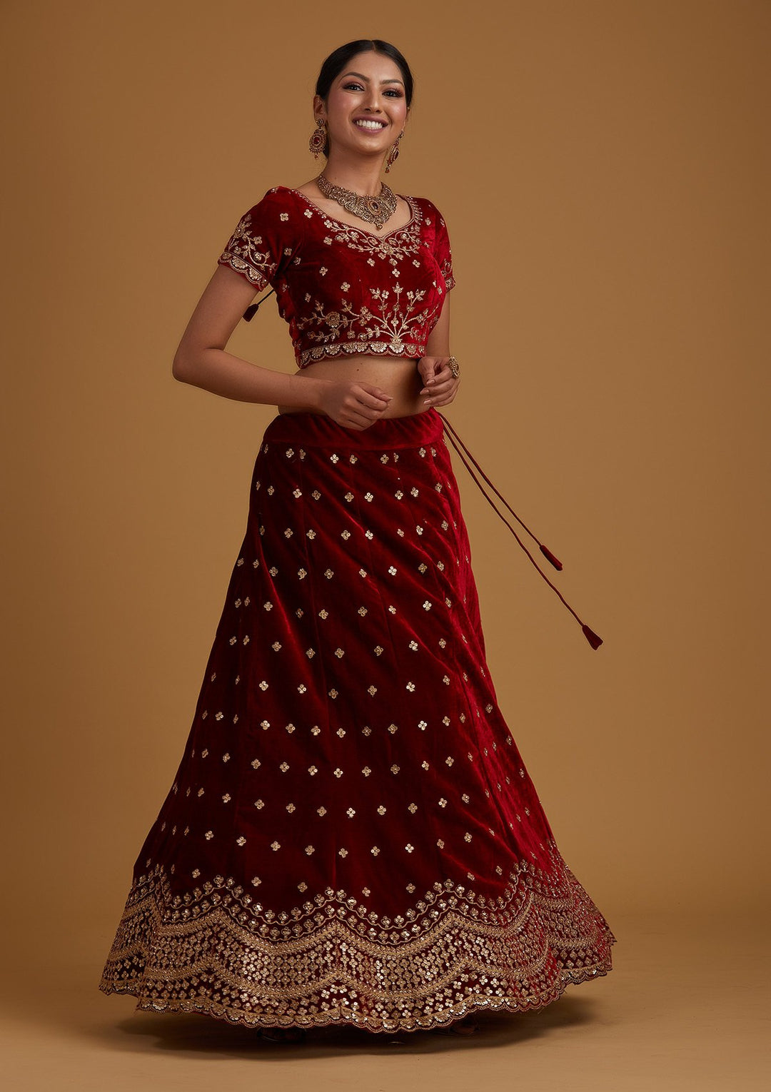 Maroon Sequins Velvet Designer Semi-Stitched Lehenga - koskii