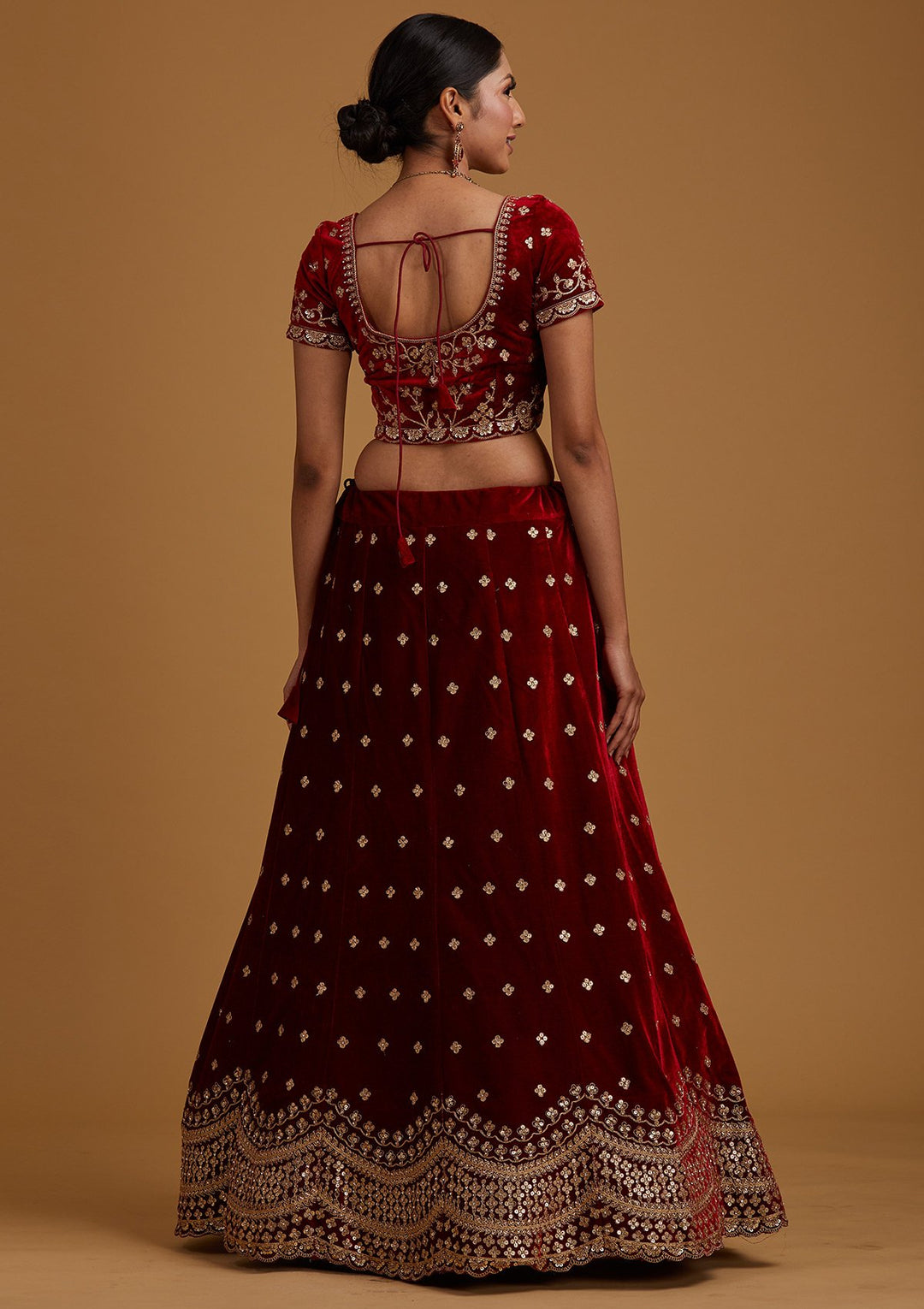 Maroon Sequins Velvet Designer Semi-Stitched Lehenga - koskii