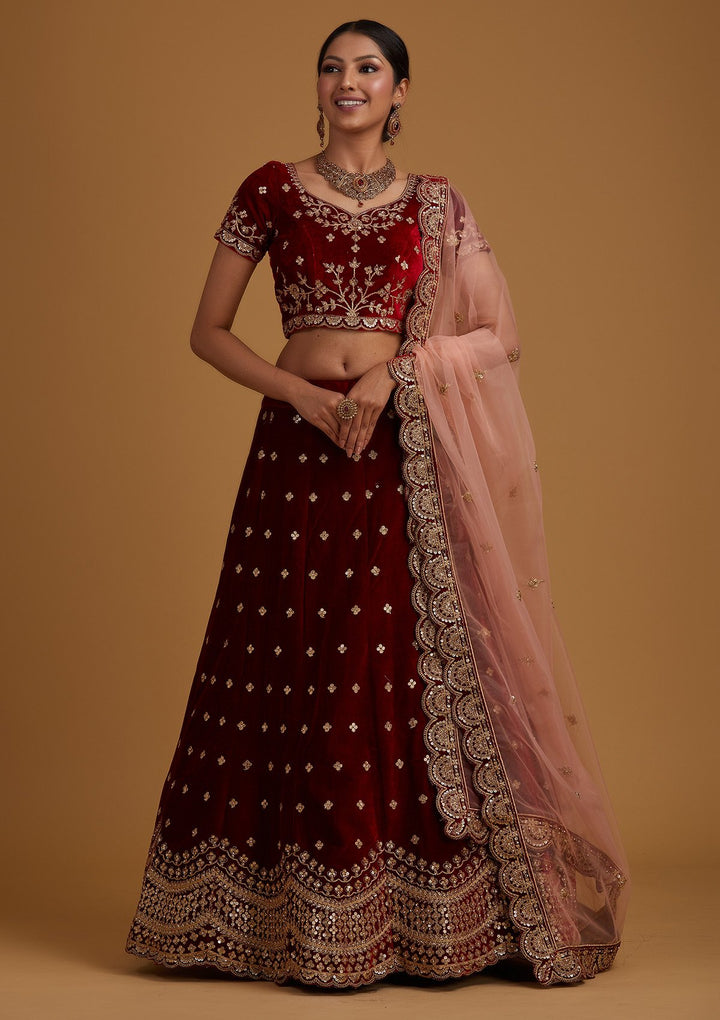 Maroon Sequins Velvet Designer Semi-Stitched Lehenga - koskii