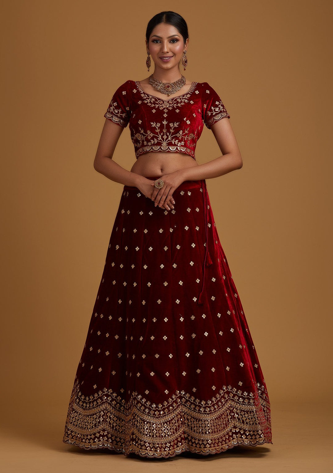 Maroon Sequins Velvet Designer Semi-Stitched Lehenga - koskii