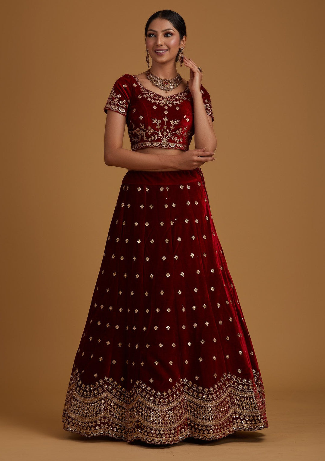 Maroon Sequins Velvet Designer Semi-Stitched Lehenga - koskii