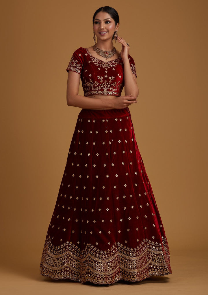 Maroon Sequins Velvet Designer Semi-Stitched Lehenga - koskii