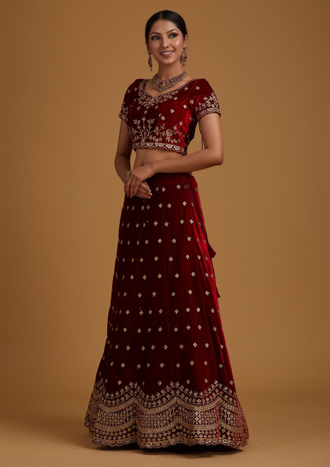 Maroon Sequins Velvet Designer Semi-Stitched Lehenga - koskii