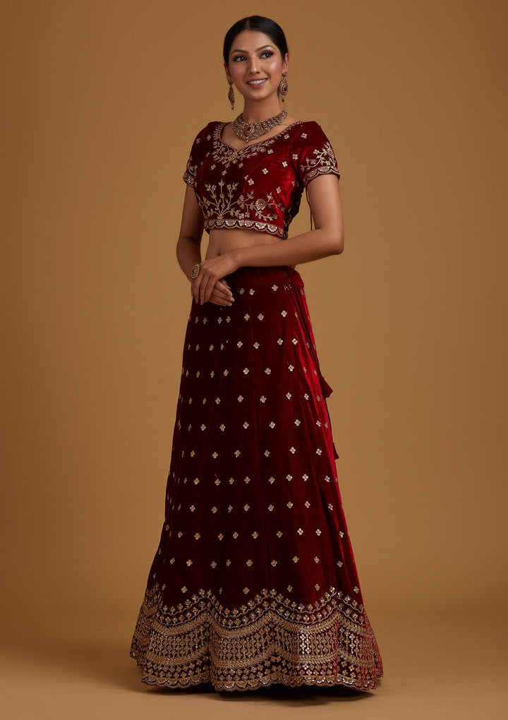 Maroon Sequins Velvet Designer Semi-Stitched Lehenga - koskii