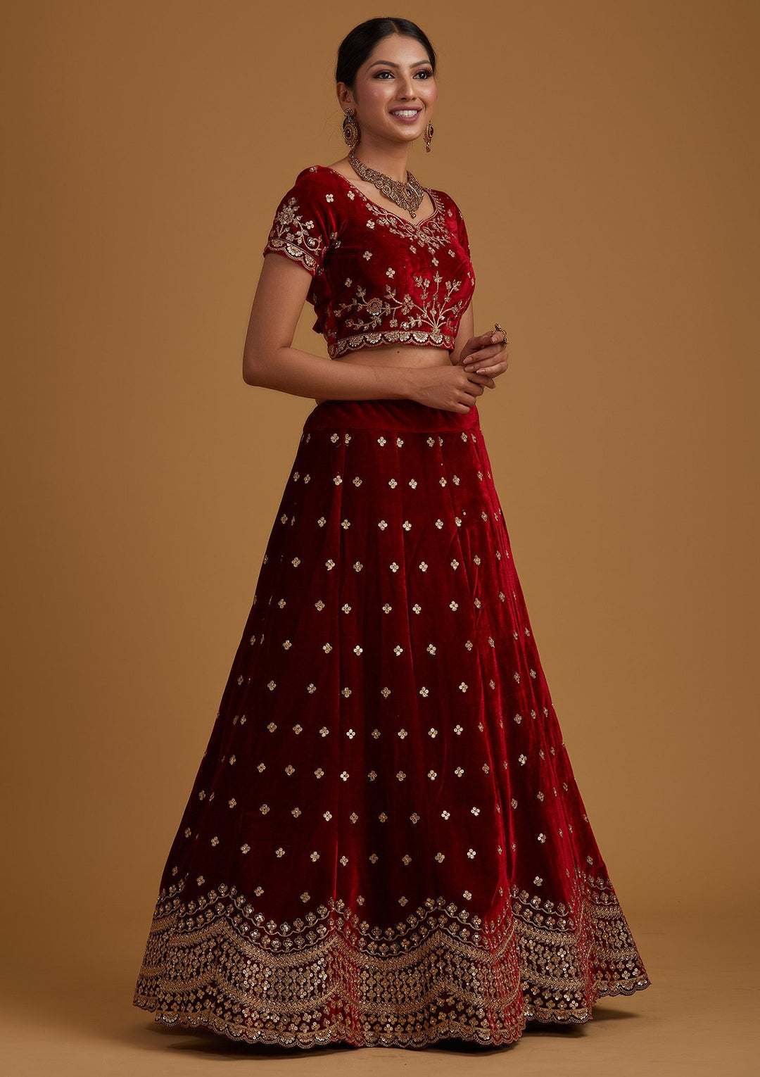 Maroon Sequins Velvet Designer Semi-Stitched Lehenga - koskii