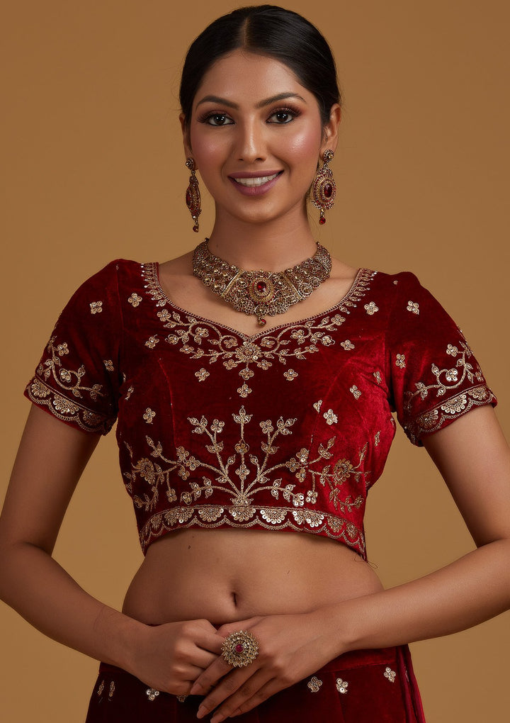 Maroon Sequins Velvet Designer Semi-Stitched Lehenga - koskii