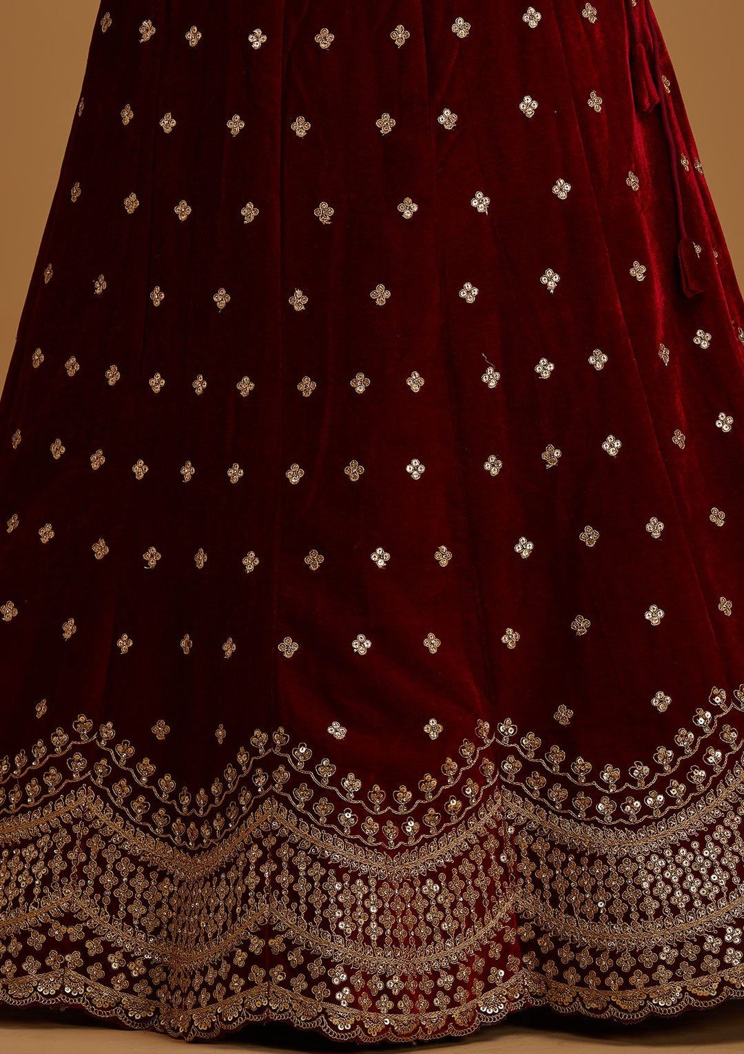Maroon Sequins Velvet Designer Semi-Stitched Lehenga - koskii