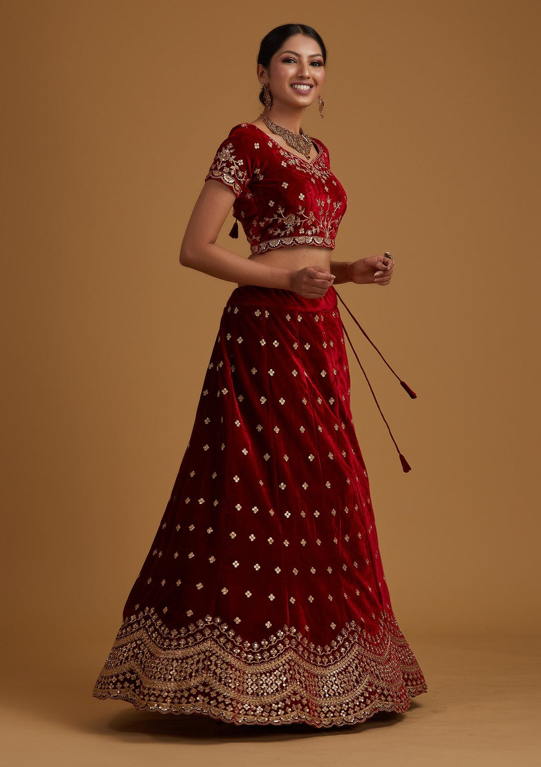 Maroon Sequins Velvet Designer Semi-Stitched Lehenga - koskii