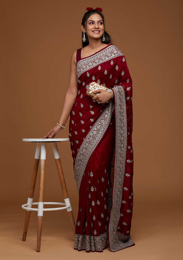 Maroon Silver Stonework Raw Silk Saree-Koskii