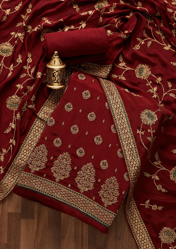 Maroon Stonework Georgette Designer Unstitched Salwar Suit - Koskii