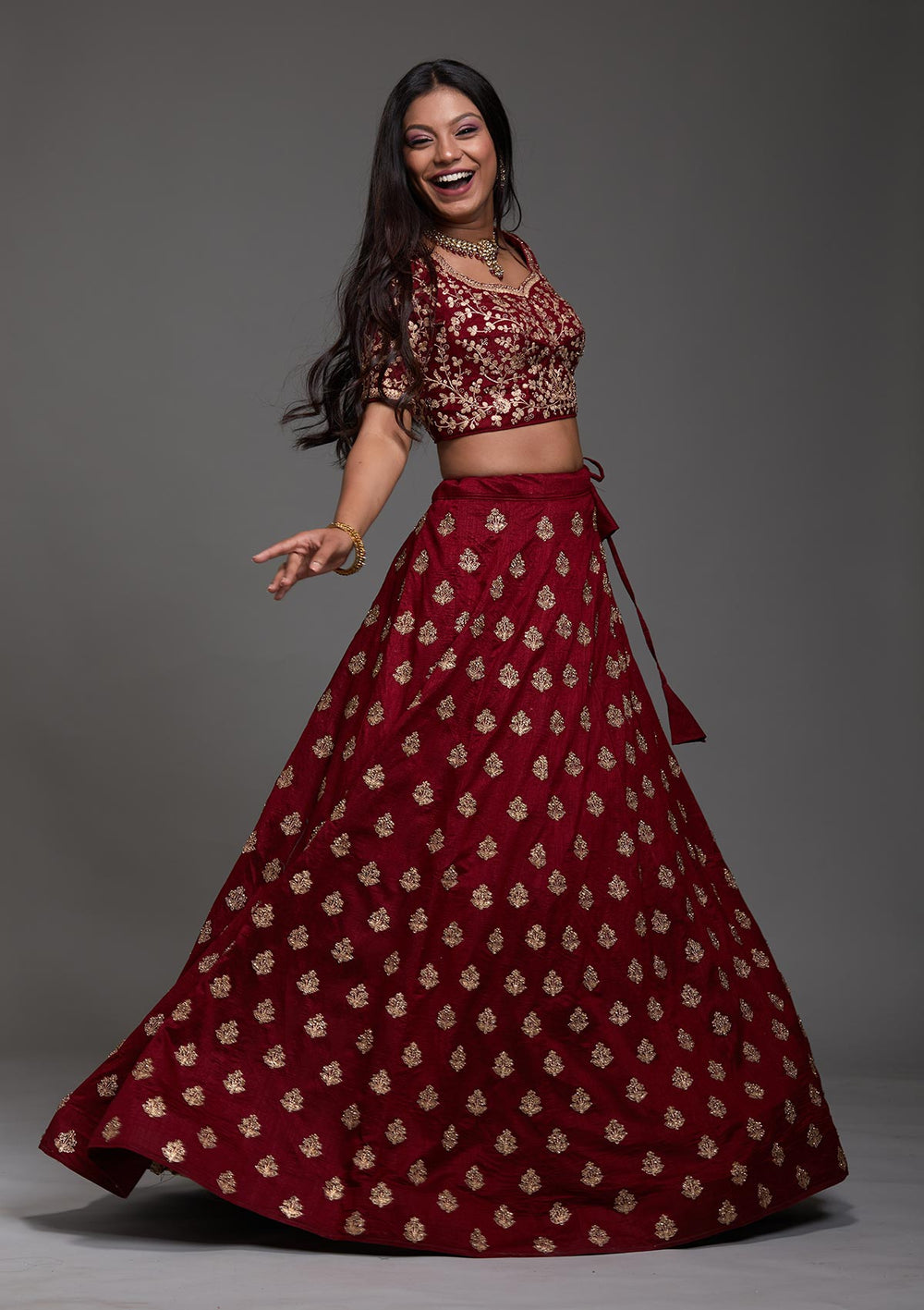 Maroon Stonework Raw Silk Designer Lehenga-Koskii