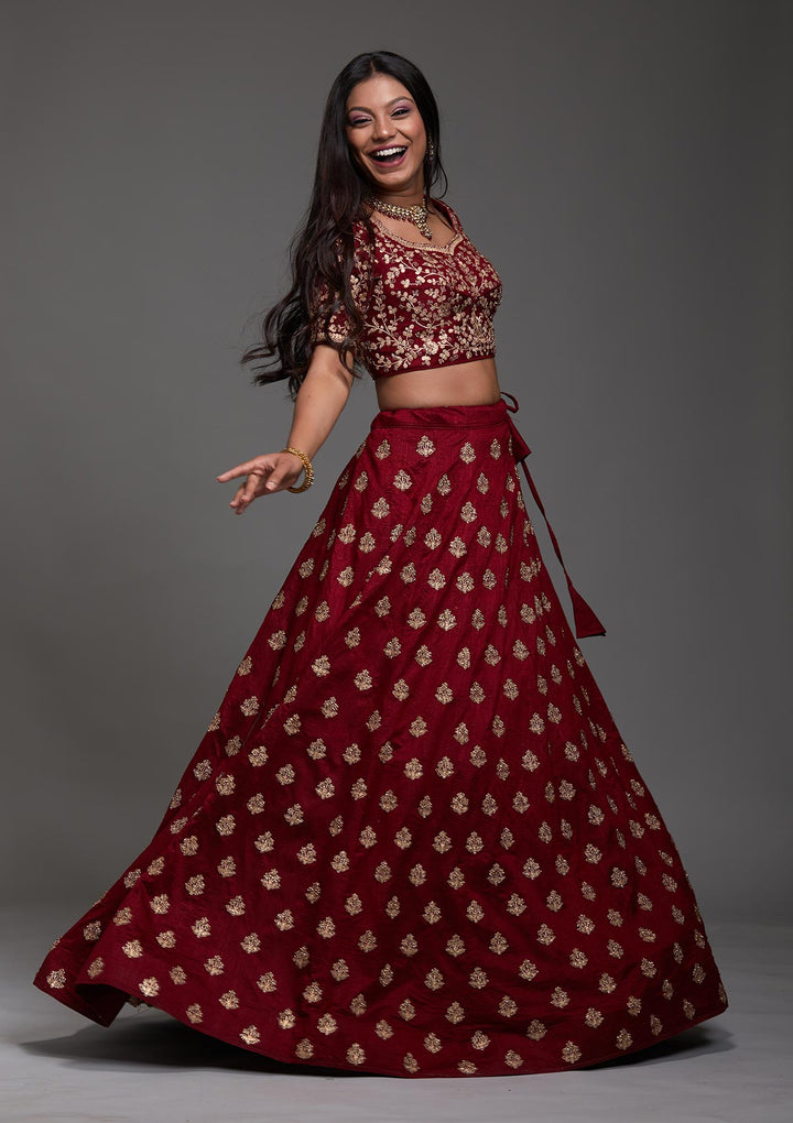 Maroon Stonework Raw Silk Designer Lehenga-Koskii