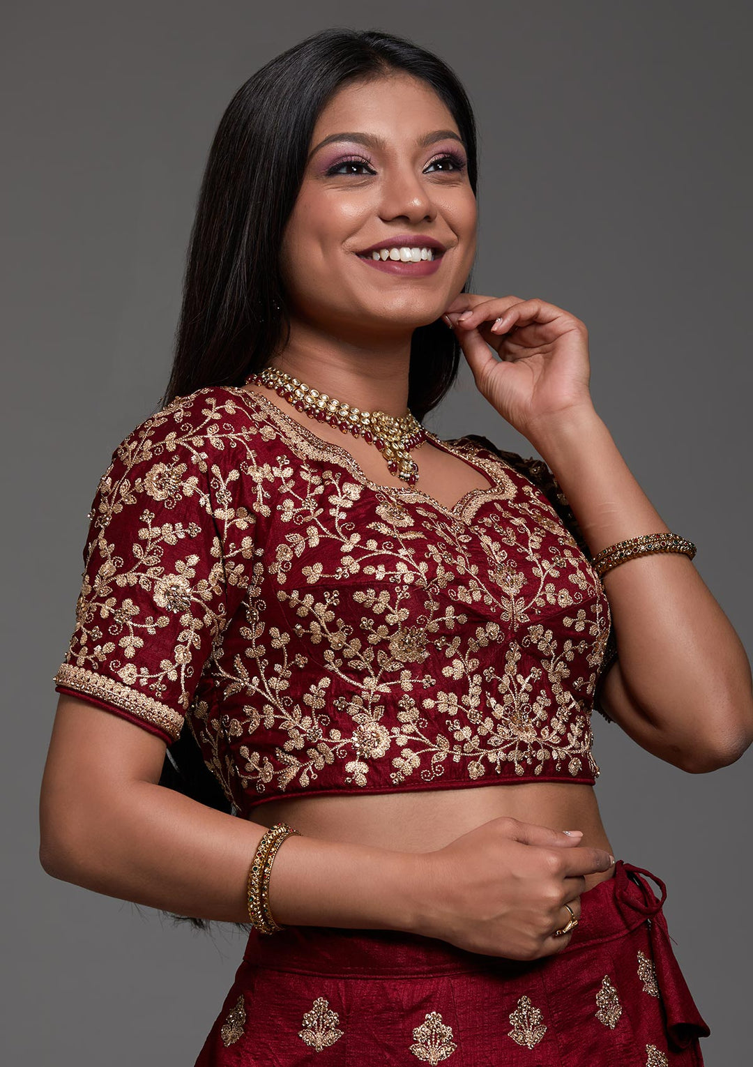 Maroon Stonework Raw Silk Designer Lehenga-Koskii