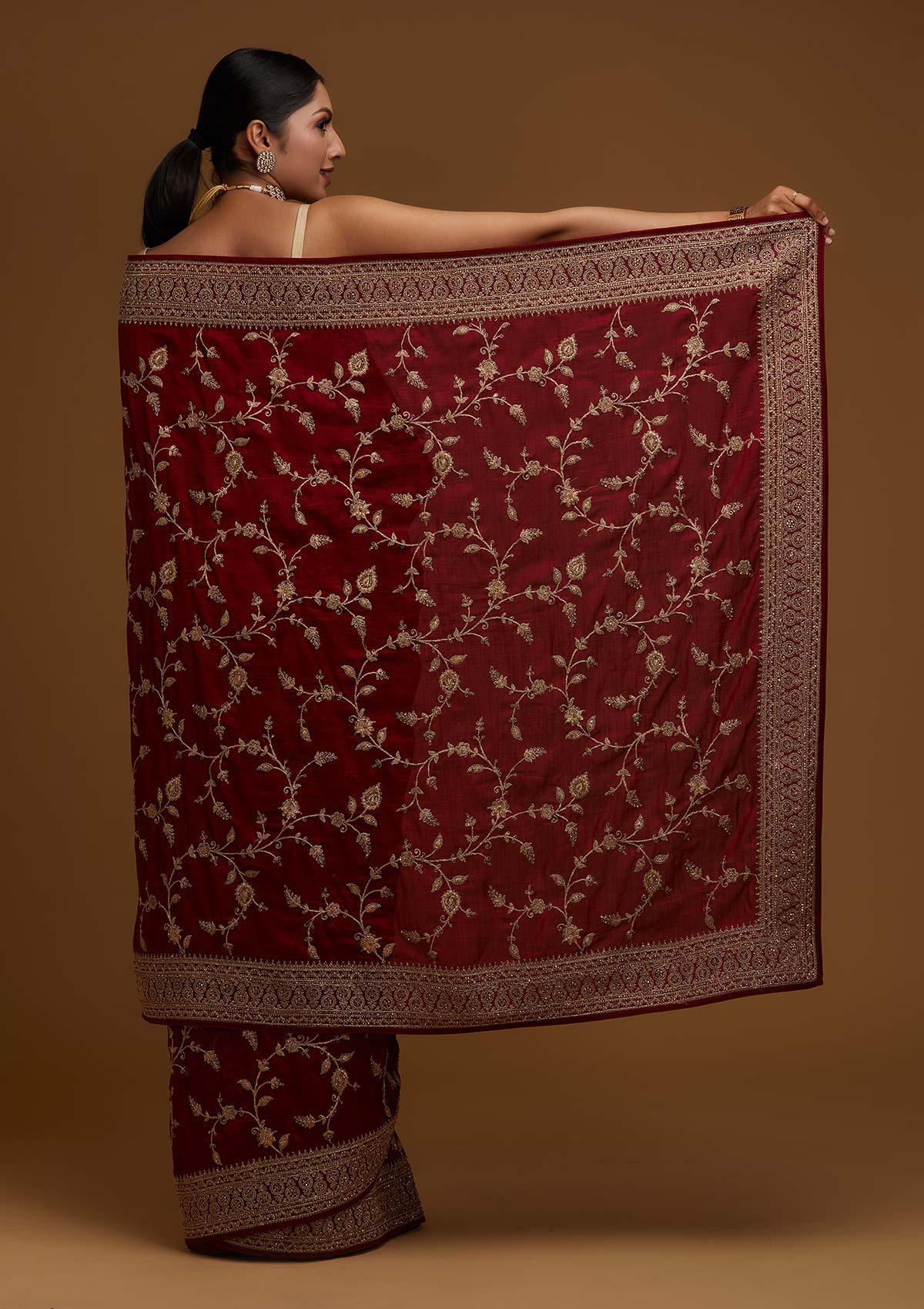 Maroon Stonework Raw Silk Designer Saree - Koskii