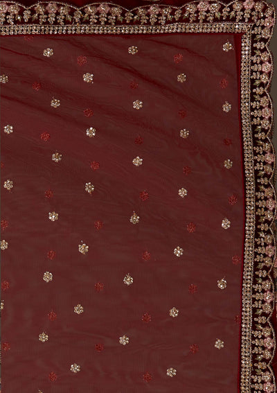 Maroon Stonework Velvet Designer Semi-Stitched Lehenga - Koskii