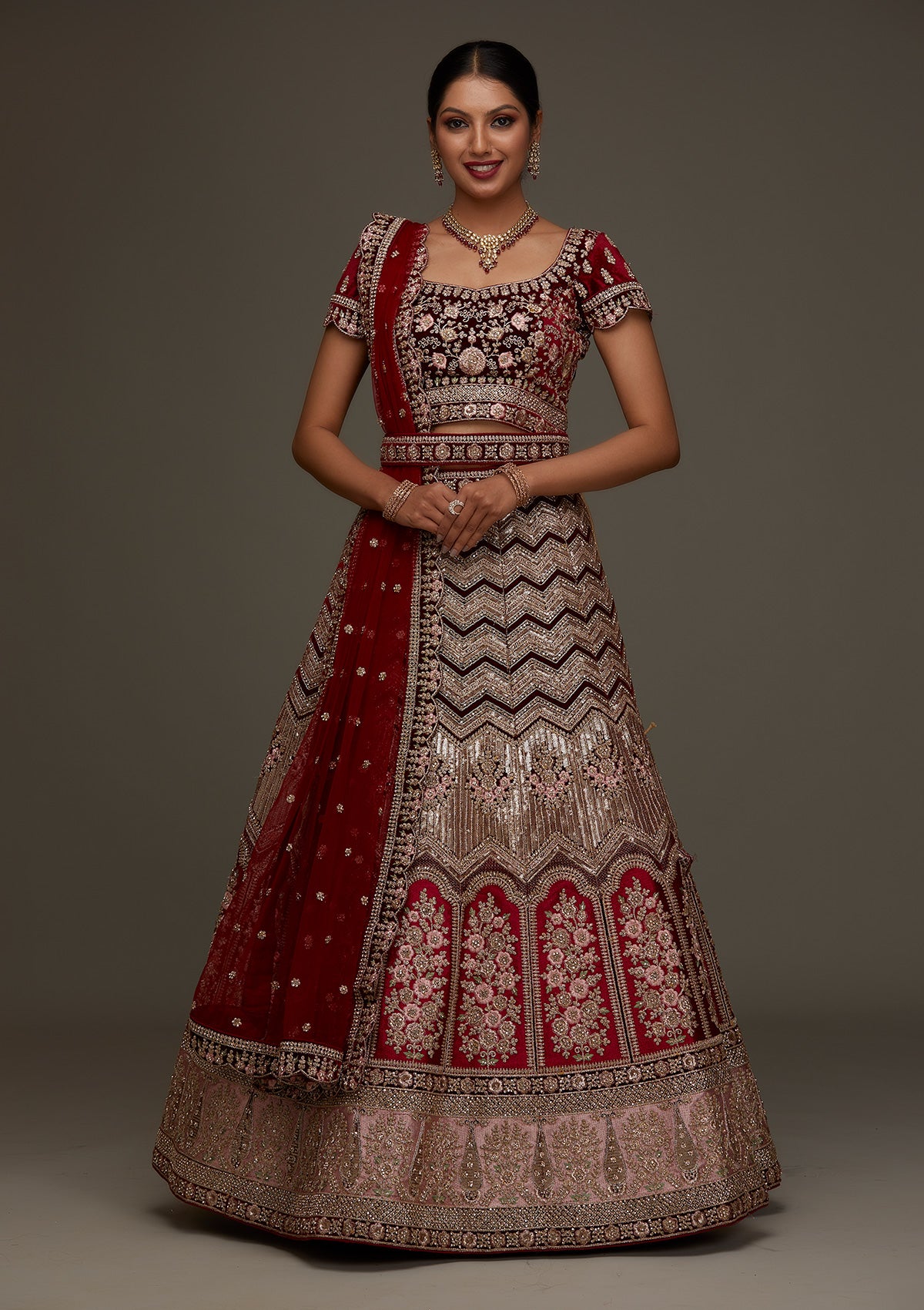 Maroon Stonework Velvet Designer Semi-Stitched Lehenga- Koskii