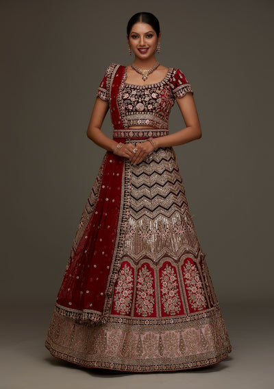 Maroon Stonework Velvet Designer Semi-Stitched Lehenga- Koskii