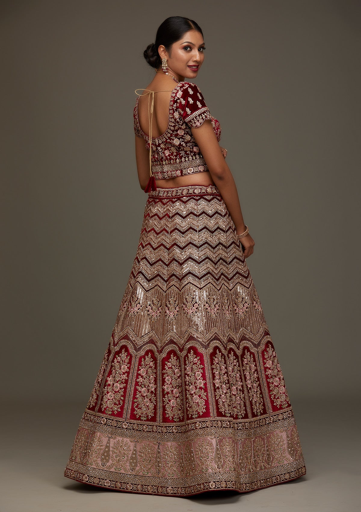 Maroon Stonework Velvet Designer Semi-Stitched Lehenga - Koskii