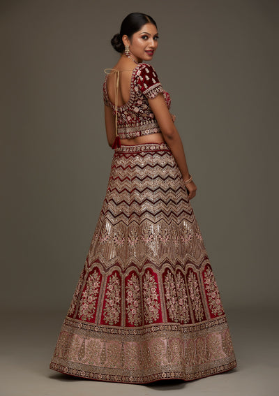 Maroon Stonework Velvet Designer Semi-Stitched Lehenga - Koskii