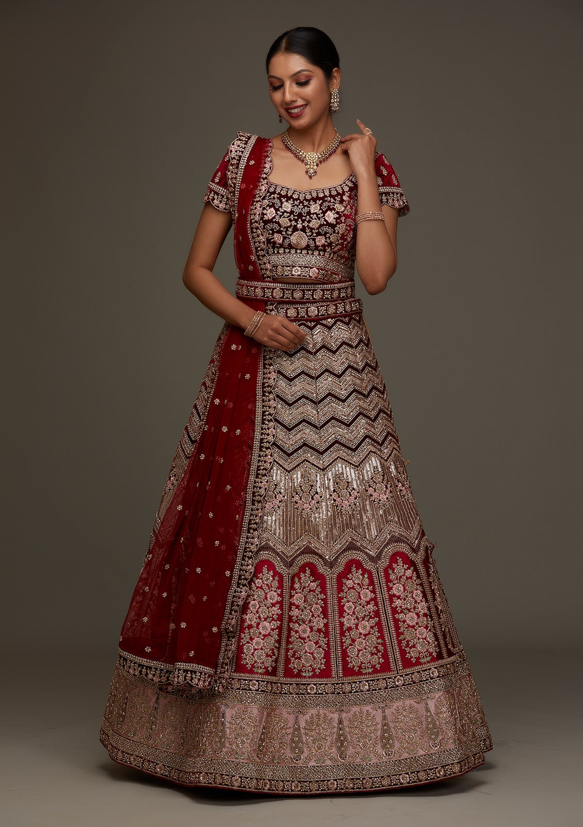 Maroon Stonework Velvet Designer Semi-Stitched Lehenga - Koskii