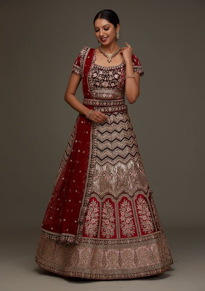 Maroon Stonework Velvet Designer Semi-Stitched Lehenga - Koskii