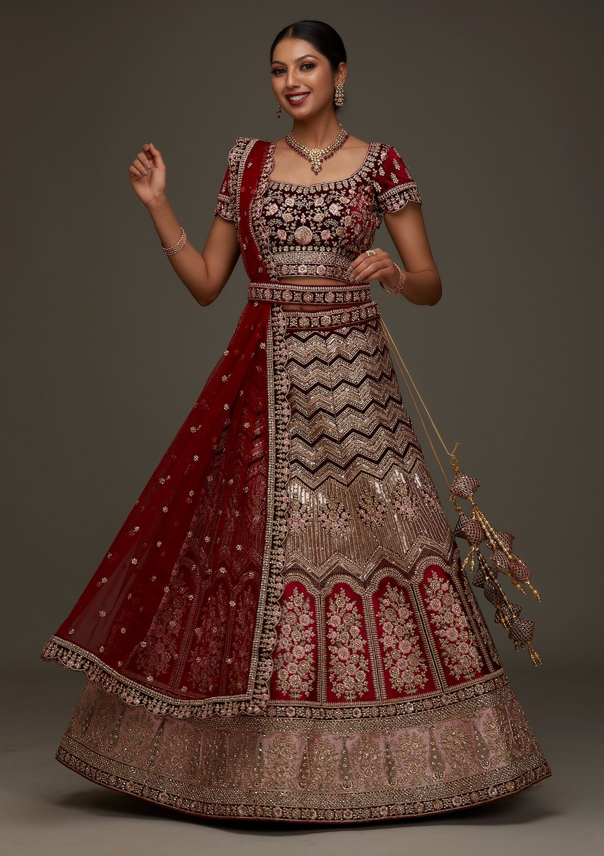Maroon Stonework Velvet Designer Semi-Stitched Lehenga - Koskii