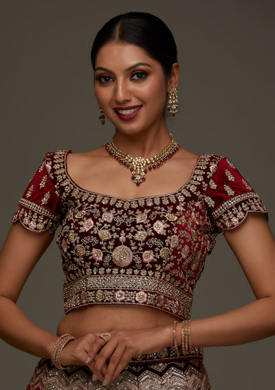 Maroon Stonework Velvet Designer Semi-Stitched Lehenga - Koskii